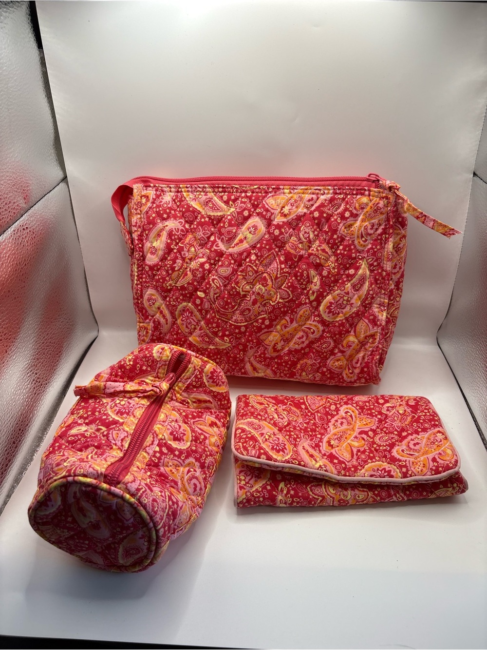 Quilted Paisley Cosmetic Pouch Trio - Pink & Yellow